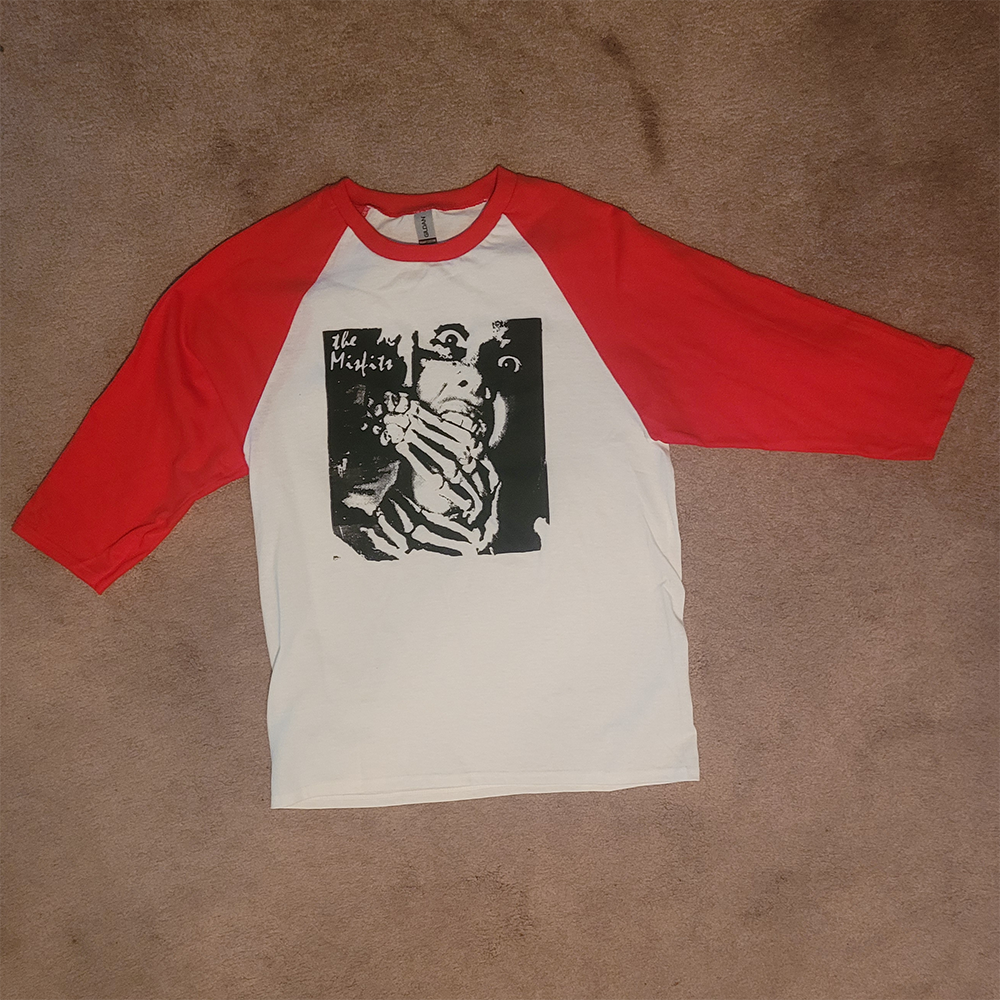 White 'Manny Tapes' Baseball T-Shirt – 50s Horror Scene Red-Accent Design